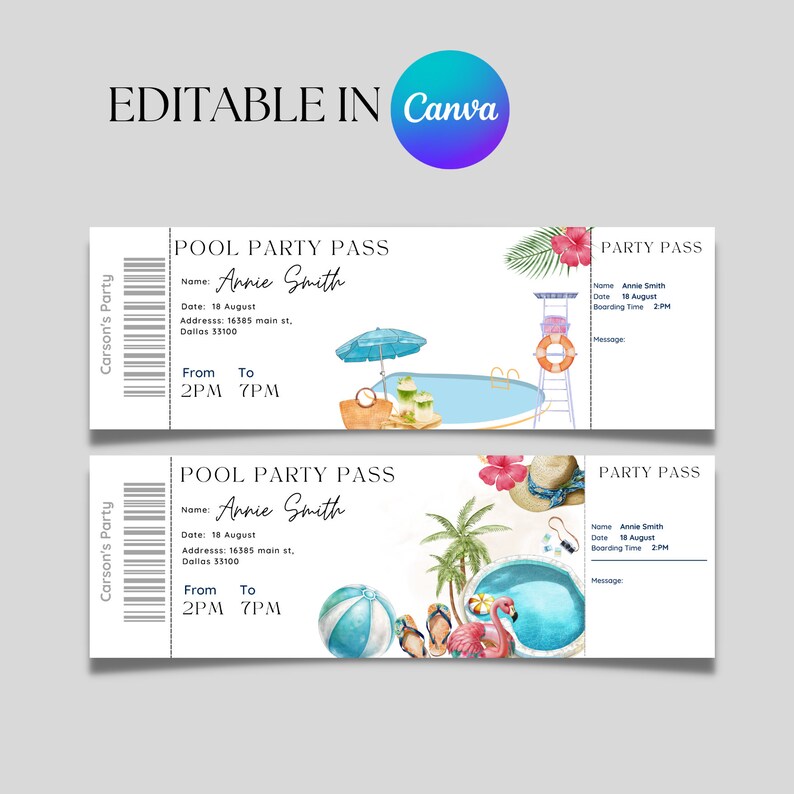 Printable and Editable Pool Party Pass Ticket, Summer Pool Party Ticket ...