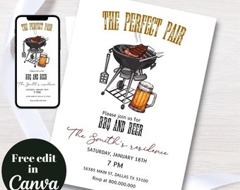 Printable and mobile elegant Bbq invitation template, Summer party invitation, BBQ and beer party invite, Grill and chill invitation,