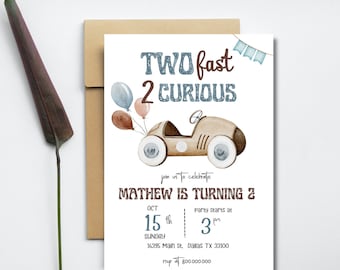 Redigerbar Two Fast födelsedagsinbjudan, 2 Fast Boy racerbilar, inbjudan till 2-årsfest, barnfödelsedag med temat Two Fast 2 Curious racerbilar