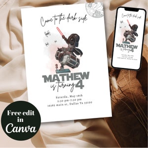 Printable and mobile Star war kid birthday invitation template, dark Vader any age kid birthday party, Trooper kid birthday party invite