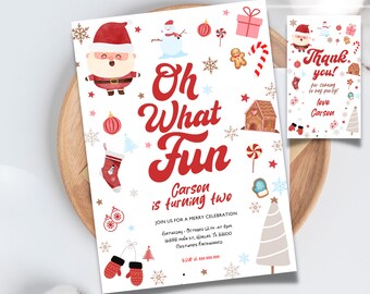 Editable and Printable Santa Christmas birthday party Invitation template, Red And Pink Christmas birthday invite, thank you tag Santa