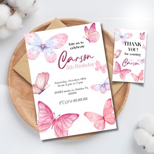 Editable and printable Butterfly Birthday Invitation, Our Little Butterfly Birthday Invite, Butterfly Girl Birthday, Butterfly thank you tag