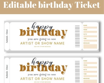 May include: Two printable birthday ticket templates with the text "happy birthday" in gold and black lettering. The tickets have blank spaces for the name, from, date, time, and message.