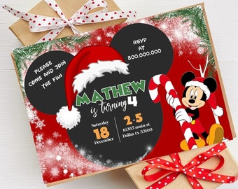May include: A red and green Christmas-themed invitation for Mathew's 4th birthday party. The invitation features a cartoon Mickey Mouse wearing a Santa hat and holding a candy cane. The text on the invitation reads "Mathew is turning 4" and includes the date, time, and location of the party.
