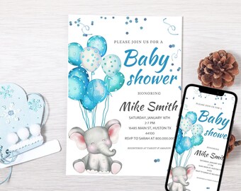 May include: A blue and white baby shower invitation with a watercolor illustration of an elephant holding blue and white balloons. The invitation includes the text "Please join us for a Baby Shower Honoring Mike Smith" and details for the event.