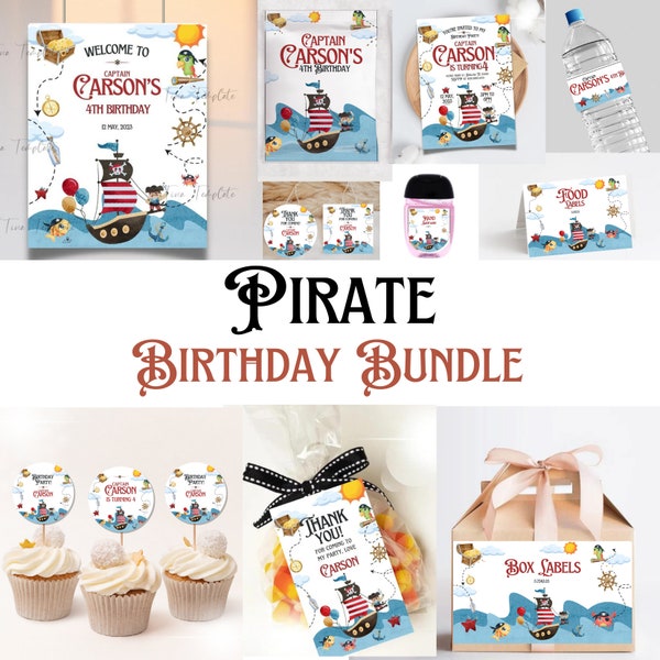Editable and printable Pirate Birthday Bundle template, Pirate Party Printable Editable, Pirate Theme Birthday Bundle Party supplies