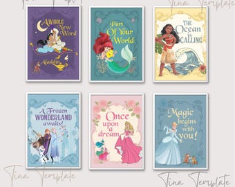 6 modèles de panneaux de signalisation vintage princesse, décoration de fête Disneyland, Ariel, jasmin, Moana, Frozen, Aurora, affiche de princesse