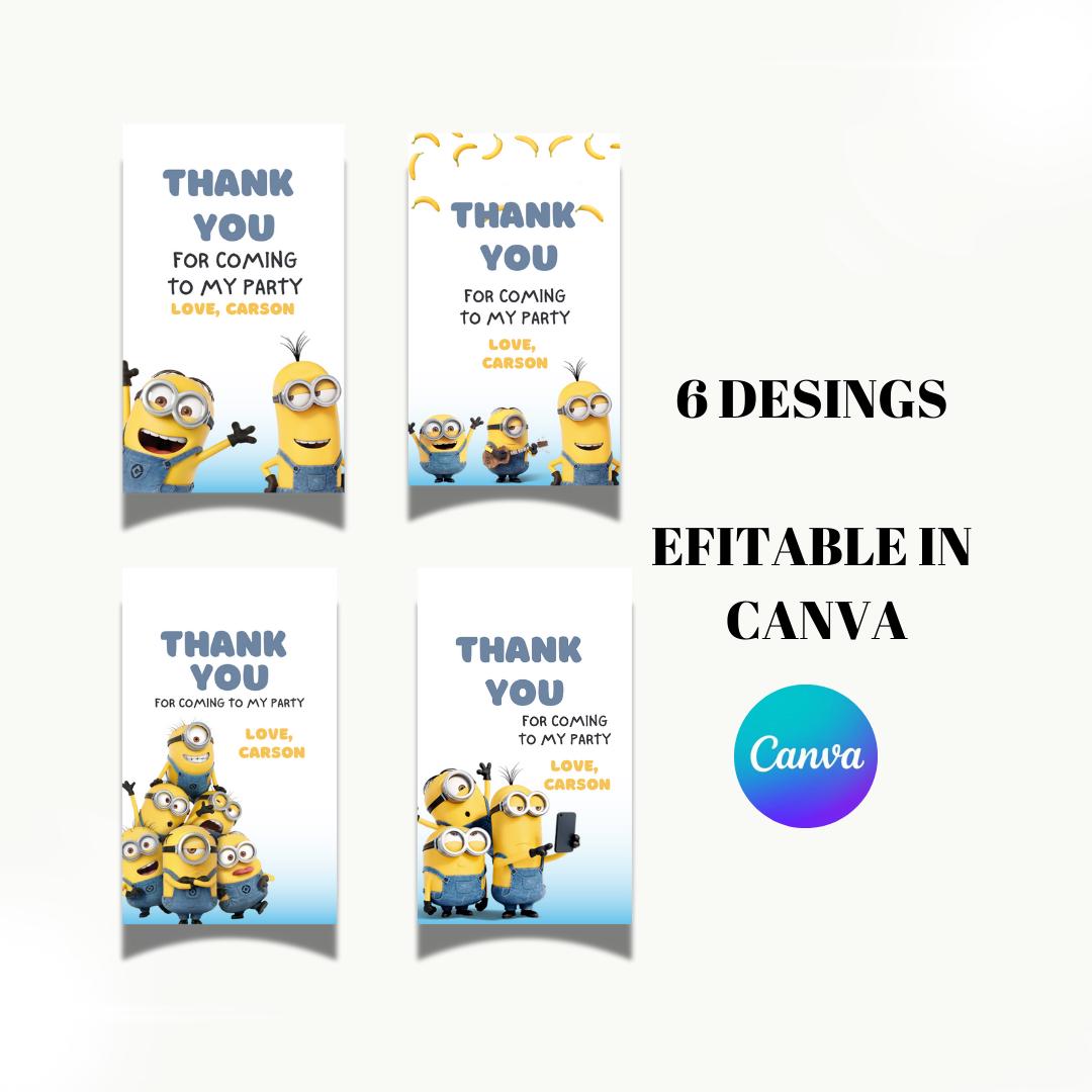 printable minion 6 thank you tag party template, minion birthday
