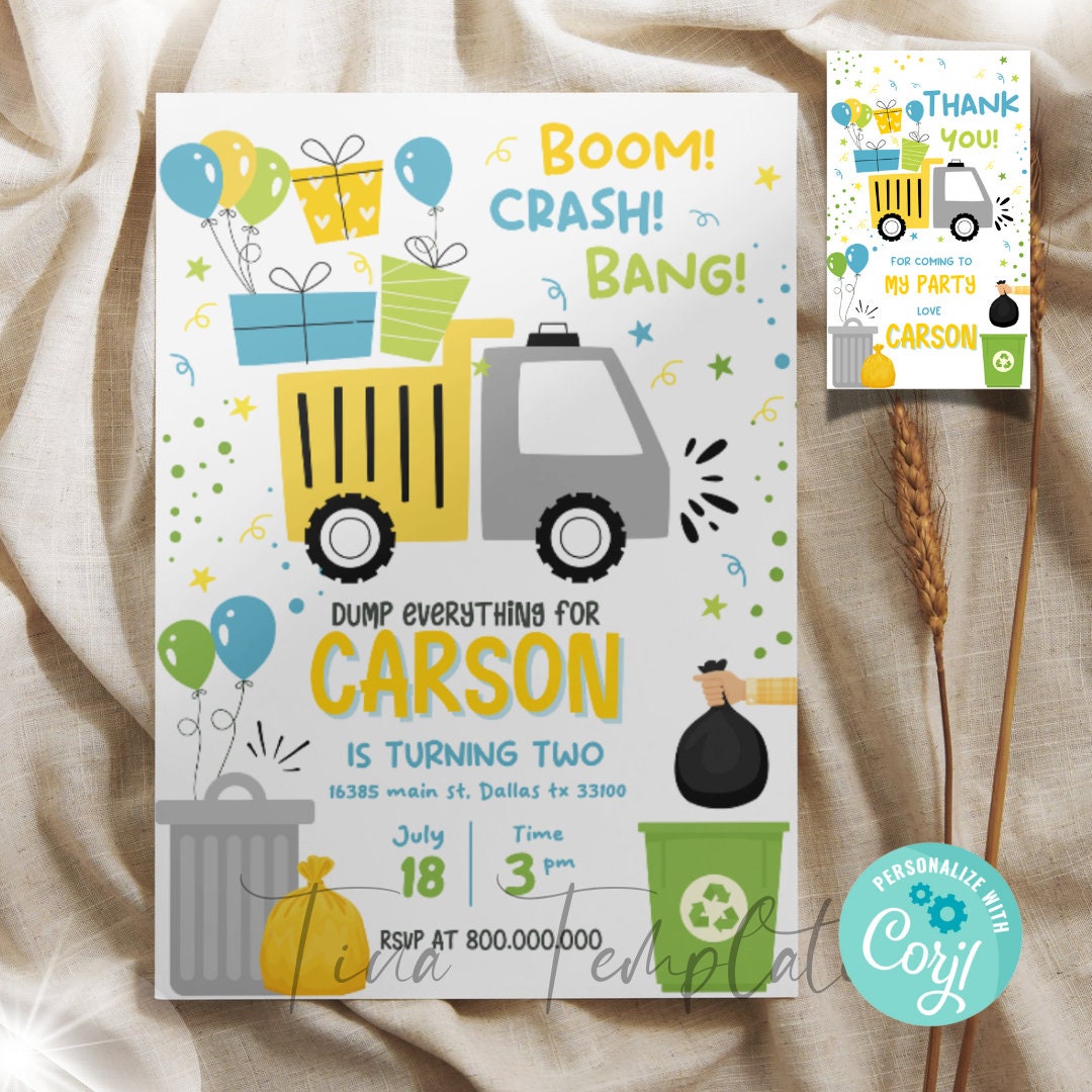 Editable and Printable Garbage Truck Birthday Invitation Template, Dump ...