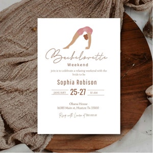 Minimalist Yoga Bachelorette printable invitation template, Relaxing Bachelorette weekend digital invitation, canva edit, instant download