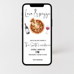 Iphone love and pizza minimalist invitation, elegant pizza dinner mobile invite, Italian dinner, Pizza testing family E text Invitation