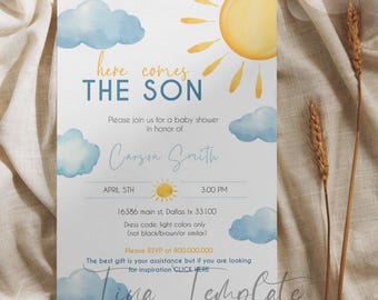 Peut inclure: Une invitation à une fête prénatale avec une illustration aquarelle d'un soleil et de nuages. Le texte indique "Here comes the son" et comprend le nom "Carson Smith", la date "April 5th", l'heure "3:00 PM", l'adresse "16386 main st, Dallas tx 33100" et le code vestimentaire "couleurs claires uniquement (pas de noir/brun/ou similaire)".
