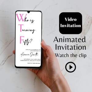 editable WTF who is turning fifty Birthday video invitation template, 50th women video birthday animated invite, 50 wtf modern evite