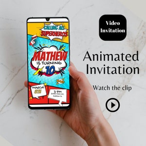 modelo de convite animado de vídeo de aniversário de criança em quadrinhos de super-herói editável, convite de aniversário para todos os super-heróis, festa de menino de quadrinhos