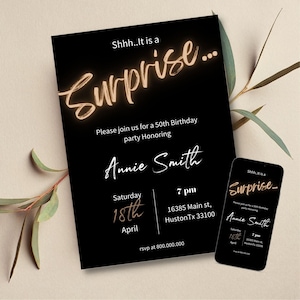 Electronic and printable Shhh It is a Surprise invitation template, Elegant Surprise Birthday party invite, minimalist invitation, any age