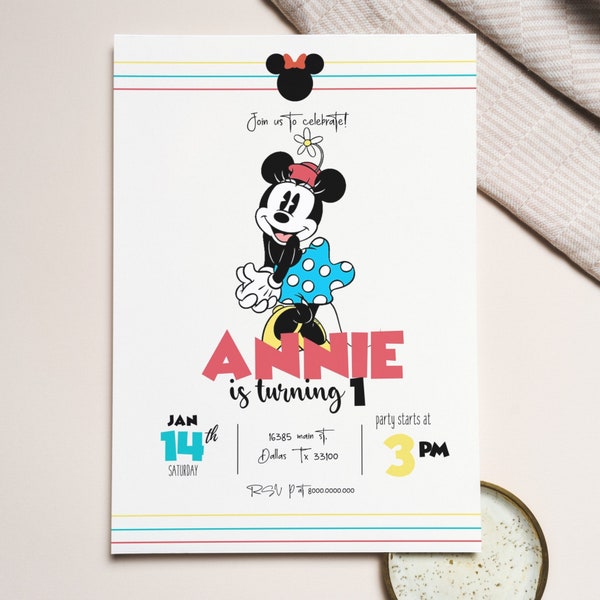 Editable and printable vintage Minnie any age birthday invitation, Minnie girl birthday party, personalize birthday girl template invite