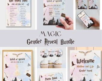 Editable Witch or Wizard gender reveal Bundle template, magical boy or girl reveal invite, Witchcraft & Wizardry, he or she Magic invite