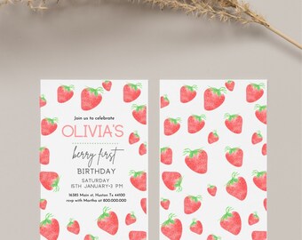 May include: A printable invitation for a first birthday party with a strawberry theme. The invitation features a watercolor illustration of strawberries on a white background. The text on the invitation reads "Join us to celebrate Olivia's Berry First Birthday, Saturday, 15th January - 3 PM, 16385 Main st, Huston Tx 44100, rsvp with Martha at 800.000.000".