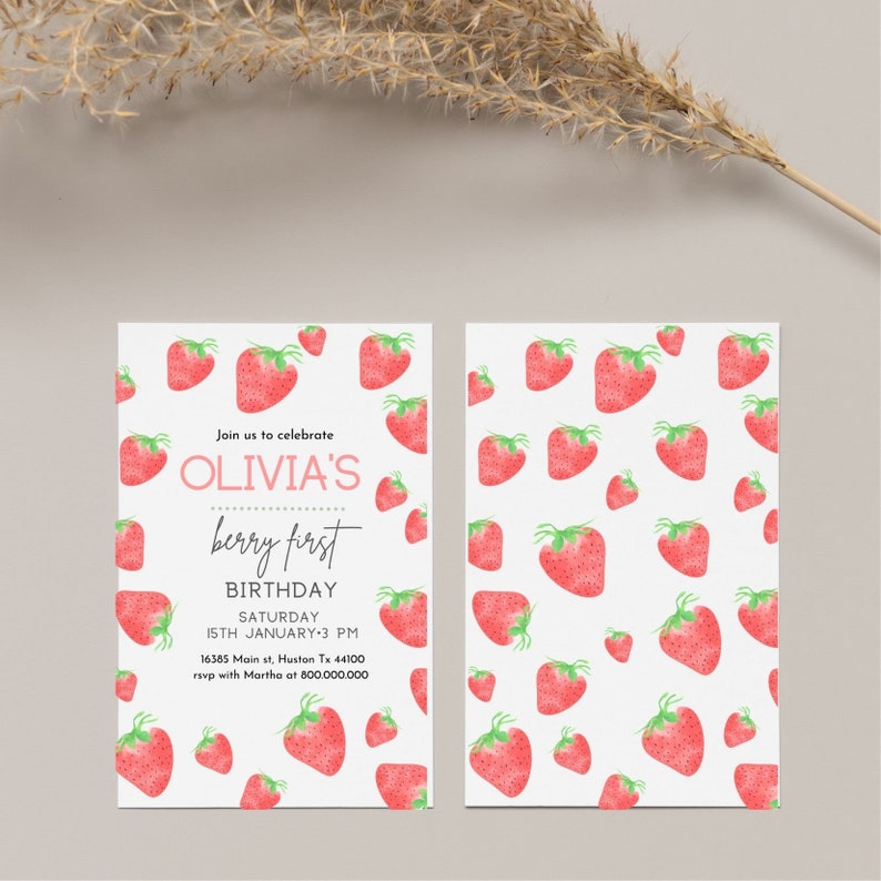 Strawberry baby girl birthday invitation Berry first birthday invite template 1st birthday digital invitation instant