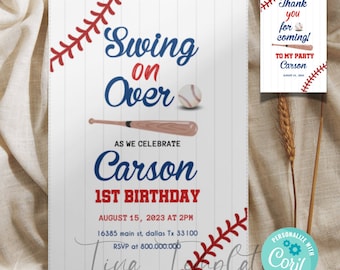 Editable and printable Baseball birthday party invitation template, Baseball invites, Baseball game birthday invitation, corjl template