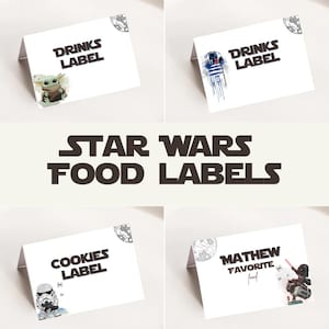 May include: Four printable food labels featuring Star Wars characters. The labels say "Drinks Label", "Cookies Label", "Mathew Favorite Food", and "Drinks Label".