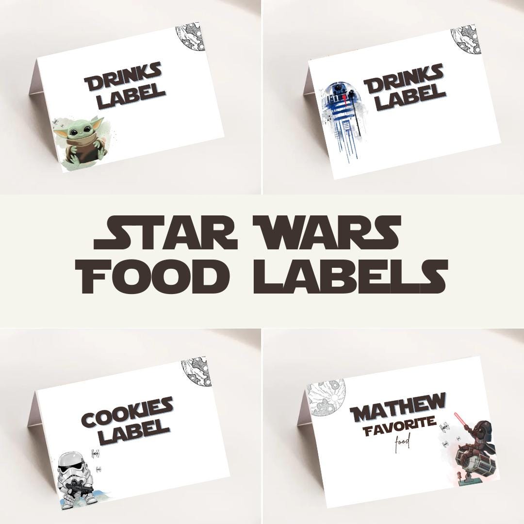 Editable and Printable Star War food Labels template, Star war Party decoration, 4 designs Star war trooper party Food Tent, r2 d2 party