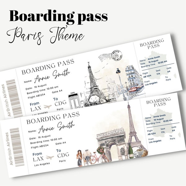 Afdrukbaar en bewerkbaar Paris Surprise instapkaartticket, reisticket naar Frankrijk Parijs, vakantieticket, bewerkbare sjabloon, instapkaart