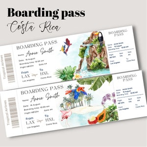 Afdrukbaar en bewerkbaar tropisch verrassingsinstapkaartticket, reisticket naar Costa Rica, vakantieticket, bewerkbare sjabloon, instapkaart