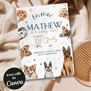 Editable and Printable Dog Birthday Invitation, Puppy Pawty Invitation, Dog Theme Birthday Invite, Pawty Birthday Invitation, Canva edit