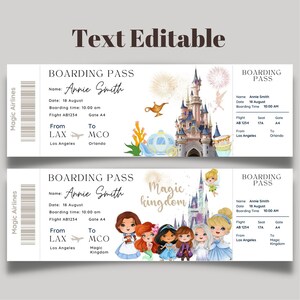 Pu&ograve; includere: Una carta d'imbarco stampabile con un design fantasioso che presenta un'immagine di cartone animato del castello di Cenerentola, fuochi d'artificio e principesse. Il testo sulla carta recita "Magic Kingdom" e "Boarding Pass".