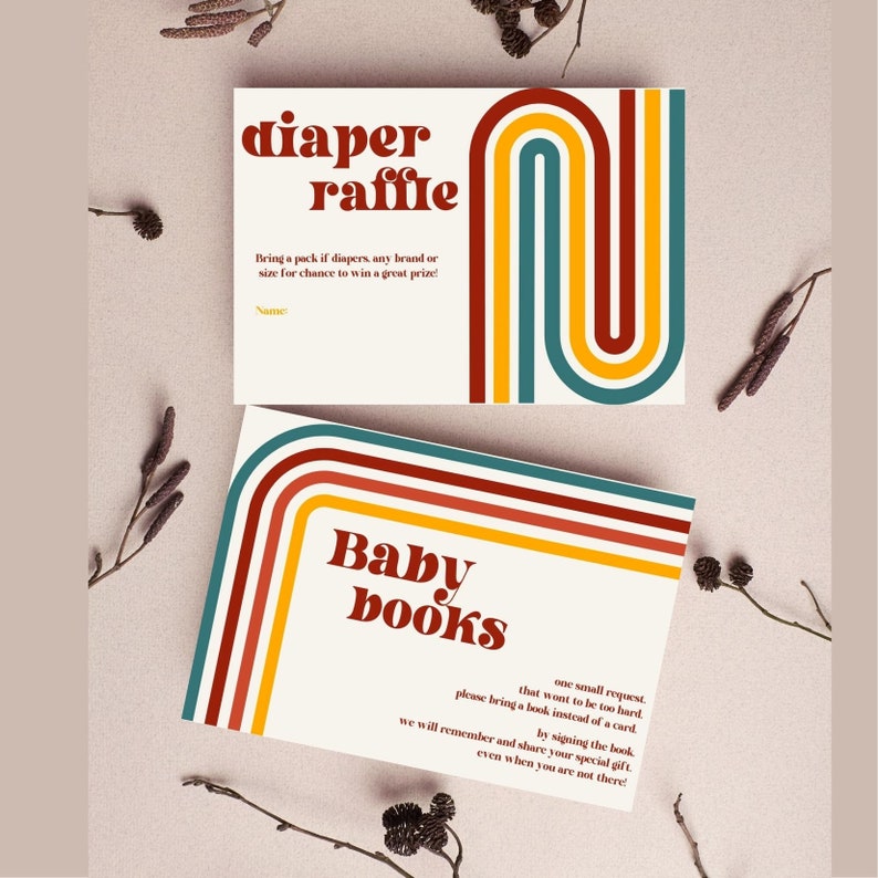 May include: Two cards with a retro rainbow design. The top card says "diaper raffle" and asks guests to bring a pack of diapers for a chance to win a prize. The bottom card says "Baby books" and asks guests to bring a book instead of a card and sign it.