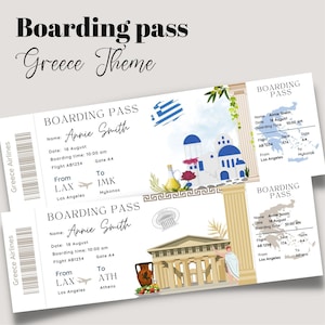 Billet de carte d'embarquement surprise Athènes Grèce imprimable et modifiable, billet de voyage en Grèce, billet de vacances, carte d'embarquement modifiable Mykonos