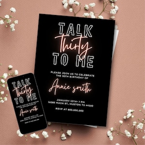 Printable and Electronic 30th Birthday invitation template, invitation for her, talk thirty to me neon light birthday, women birthday invite