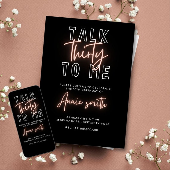 Printable and Electronic 30th Birthday invitation template invitation for her talk thirty to me neon light birthday women birthday invite