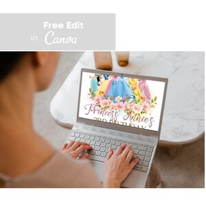 May include: A laptop screen displaying a printable birthday invitation featuring Disney princesses in a floral wreath with the text "Princess Annie's 2nd Birthday".