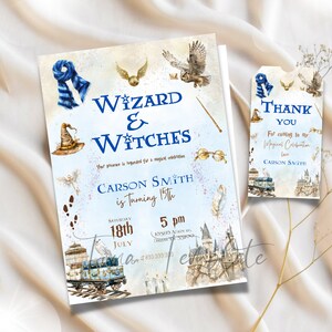 Editable Wizard and Witches Blue House Birthday Party Printable Invitation, magical  Witchcraft & Wizardry birthday party invite template