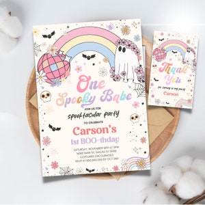Editable and Printable One Spooky Groovy Ghost Halloween Birthday Party Invitation template, Retro Groovy Rainbow Ghost Hippie Birthday