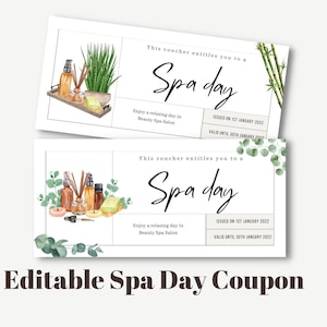 Editable Spa day Coupon template, Printable Coupon gift idea, Birthday Voucher, Gift for Her, Gift for Him, Girlfriend gift idea