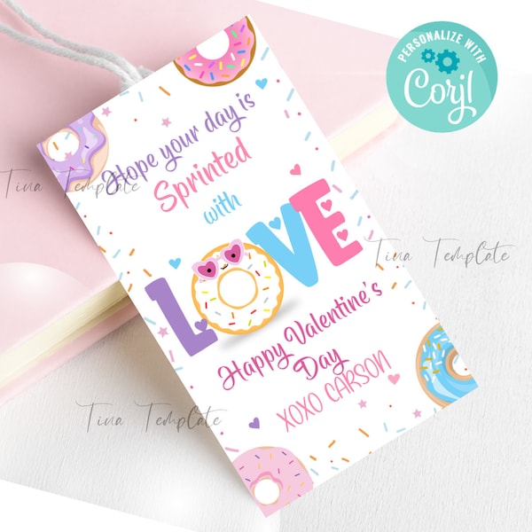 Editable Valentines Donut Gift Tag, Sprinkled With Love Donut Gift Valentine Tag template, Valentine Day Gift Tag template, Donut Treat Tag