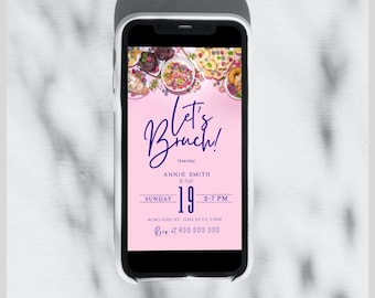 Electronic Minimalist Let's Brunch digital invitation, let’s Brunch pink mobile invitation template, Breakfast e text invitation