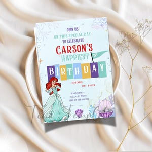 Ariel Little Mermaid birthday invitation template, Mermaid princess birthday party supplies, Ocean princess invite, Thank you template