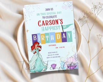 Ariel Little Mermaid birthday invitation template, Mermaid princess birthday party supplies, Ocean princess invite, Thank you template