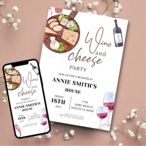 Printable and electronic minimalist Wine And Cheese party invitation template, Cheeseboard and wine invite, Engagement party, Girls night