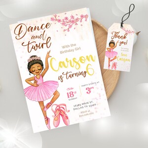 Editable Ballerina Birthday Invitation Template Printable, Ballet Birthday Invite, Editable Ballerina invitation, thank you tag template