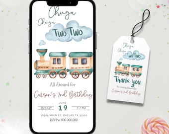 Editable and Printable Chugga Chugga Two Two Train Birthday phone Invitation, Second Birthday Invite Editable, All Aboard Boys Train 2nd