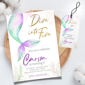 Editable and printable Dive into five Mermaid invitation template, Mermaid invitation, under the Sea birthday party, Mermaid thank you tag