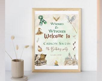 Editable Wizard Birthday Party welcome sign, Magical Wizard and Witches Green House welcome poster, Witchcraft & Wizardry birthday supplies