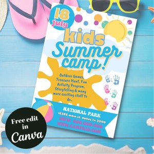 Editable and printable Kids Summer camp flyer template, kids festival, spring summer festival theme, summer poster, spring break, Festival