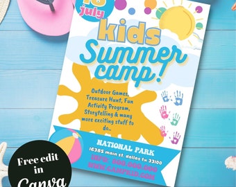 Bearbeitbare und druckbare Kinder Sommer Camp Flyer Vorlage, Kinder Festival, Frühling Sommer Festival Thema, Sommer Poster, Spring Break, Festival