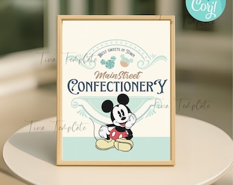 Mickey Confectionery Sign template, Main Street Confectionery, Mickey Birthday party decor, Mickey Baby Shower, Disneyland Party Decoration
